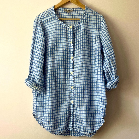 Flax Tops - Flax 100% Linen Button Up Tunic Top Womens Small Roll Tab Sleeve Lagenlook Beach